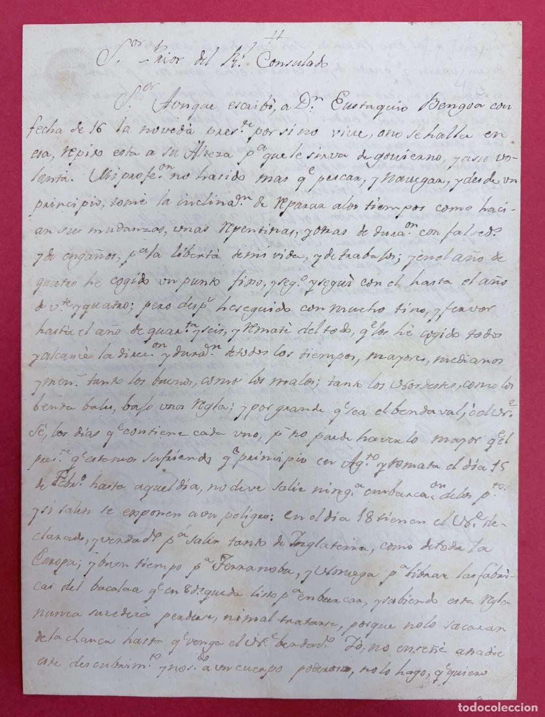 Manuscritos antiguos: CARTA SOBRE LA PESCA DEL BACALAO DIRIGIDA AL PRIOR DEL CONSULADO DE BILBAO. C. 1800