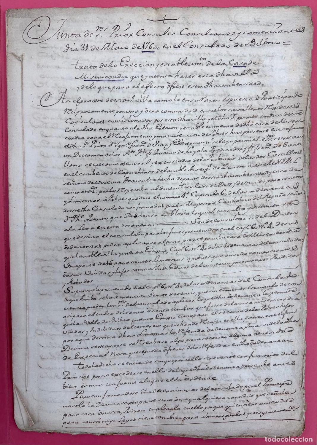 Manuscritos antiguos: ACTA DEL CONSULADO DE BILBAO A LA VILLA SOBRE CASA DE MISERICORDIA, 1760