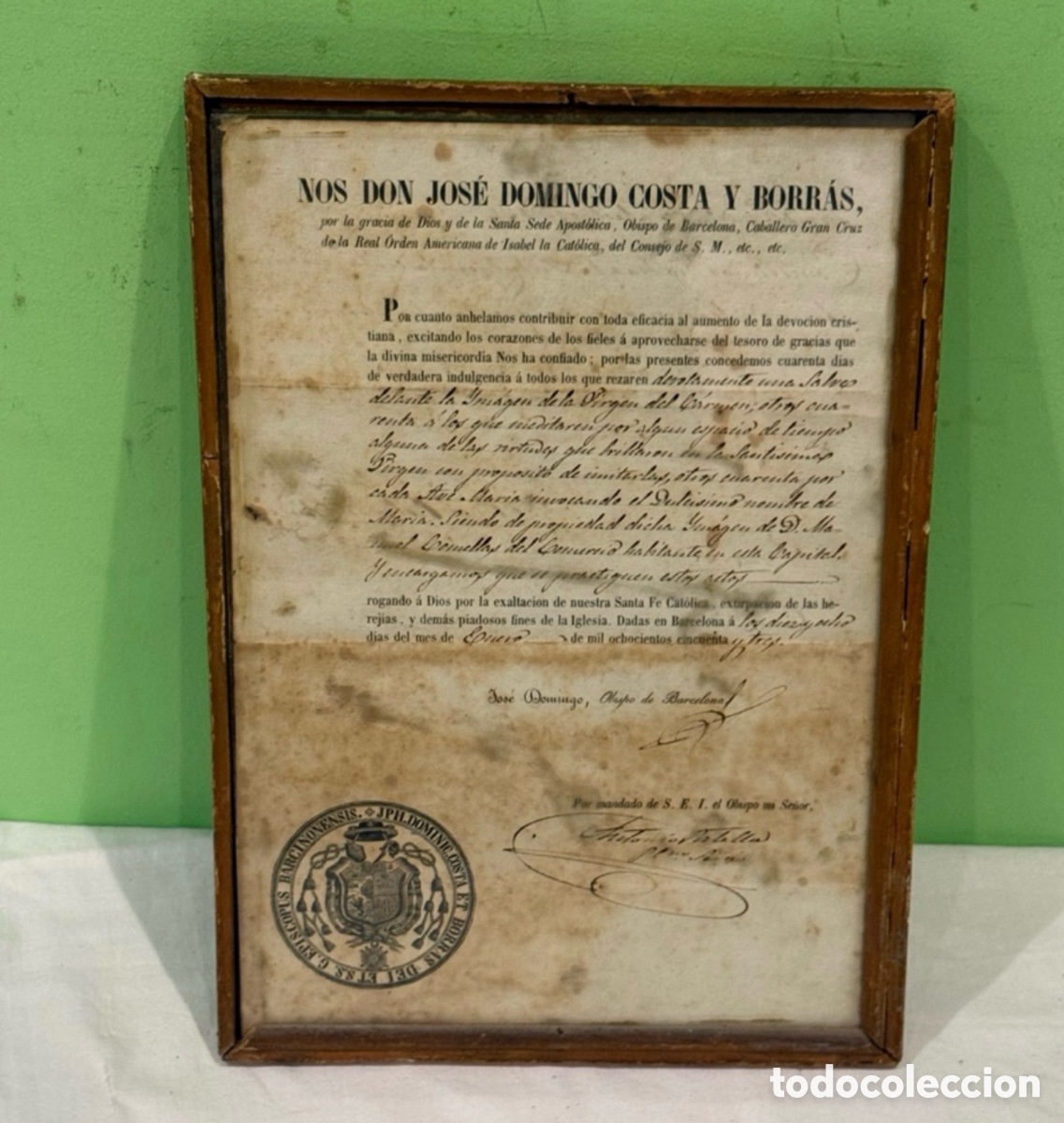 Alte Manuskripte: Antigua Fotograf&iacute;a Religiosa Original con Certificado Episcopal Jos&eacute; Domingo Costa y Borr&aacute;s 1853.