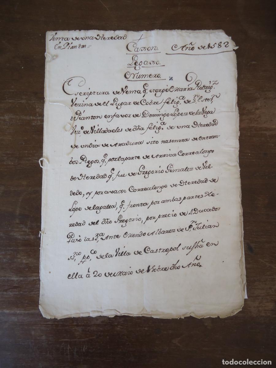 Manuscrits anciens: Asturias 1582. Venta de una heredad en San Estevan de Pianton. Cobre. Villadaeles. Castropol