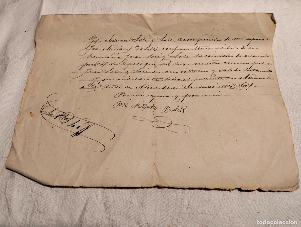 Manuscrits anciens: Recibo manuscrito escrito a mano papel a&ntilde;os 10 familia Sol&eacute; Sol&eacute; Jos&eacute; Mitjans Badell