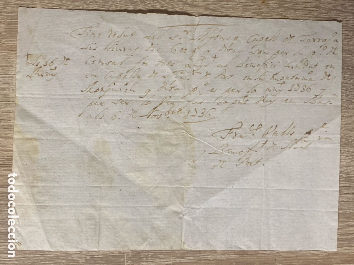 Manuscrits anciens: Recibo a beneficio en la capilla Nuestra se&ntilde;ora del Port de La Monta&ntilde;a Montjuic Barcelona 1736 ?