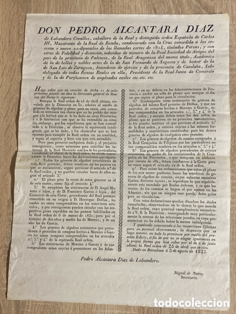 Manuscrits anciens: Historia textil y Algod&oacute;n siglo XIX 1832 EDICTO Sobre resello de g&eacute;neros algod&oacute;n 40,5 x 29 cm.