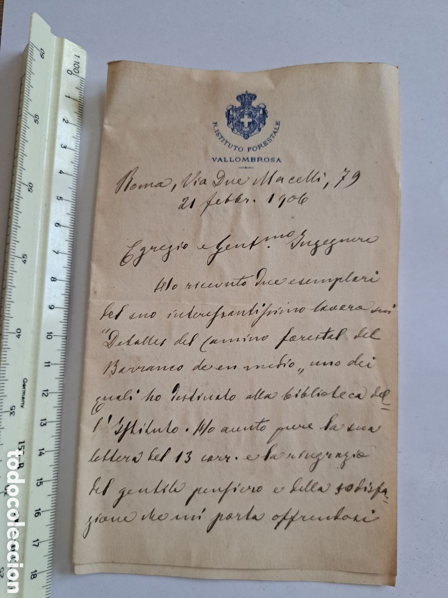 Manuscritos antiguos: Jml Carta Instituto forestal Vallombrosa, desde Roma, Italia, A&ntilde;o 1906. Ingenieros Montes. Ver fotos