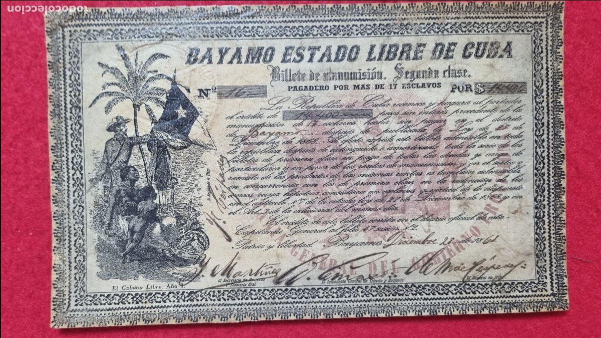 Manuscritos antiguos: DOCUMENTO ESCLAVOS CUBA BILLETE MANUMISION PAGADERO POR + 17 ESCLAVOS 1868 2&ordf; CLASE BAYAMO ORIGINAL