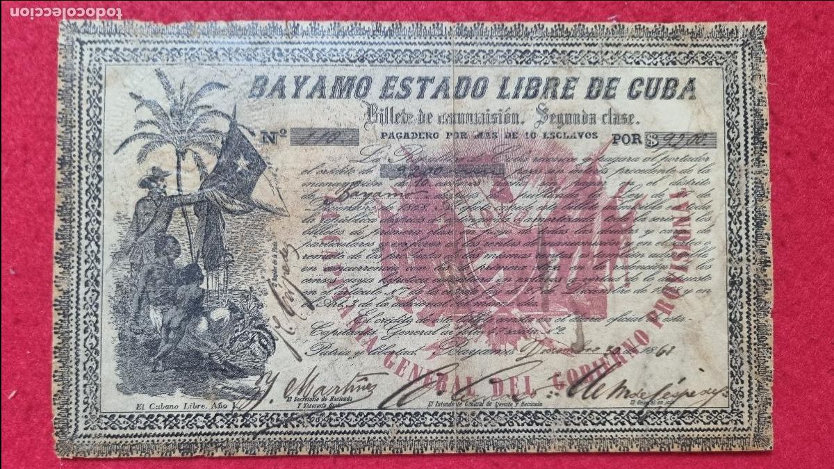 Manuscritos antigos: DOCUMENTO ESCLAVOS CUBA BILLETE MANUMISION PAGADERO POR + 10 ESCLAVOS 1868 2&ordf; CLASE BAYAMO ORIGINAL