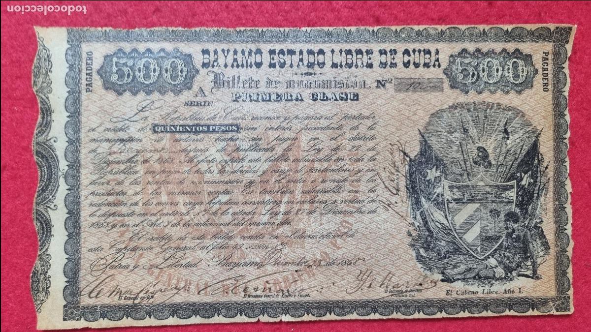 Manuscrits anciens: DOCUMENTO ESCLAVOS CUBA BILLETE MANUMISION PAGADERO 500 PESOS 1868 1&ordf; CLASE BAYAMO LIBRE ORIGINAL