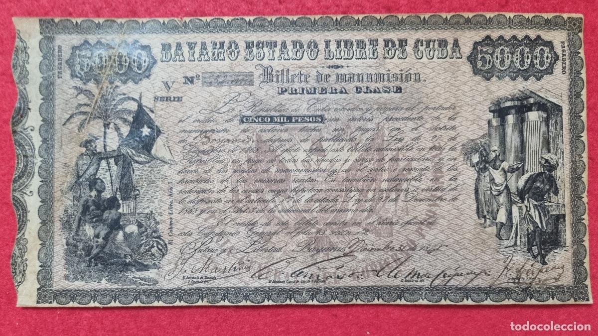Manuscrits anciens: DOCUMENTO ESCLAVOS CUBA BILLETE MANUMISION PAGADERO 5000 PESOS 1868 1&ordf; CLASE BAYAMO LIBRE ORIGINAL