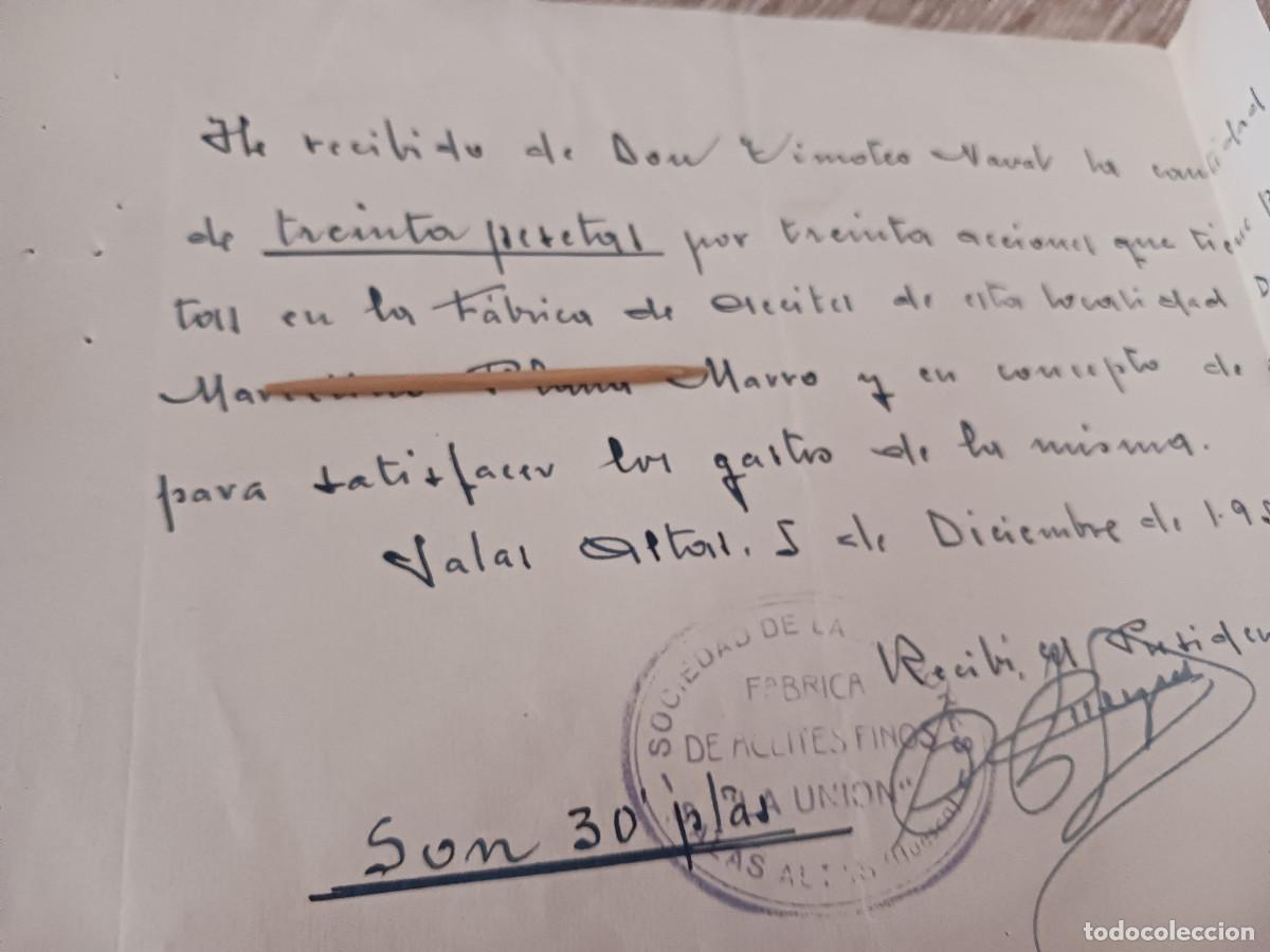 Manuscritos antiguos: fabrica de aceites finos la union, salas altas, recibo de treinta acciones de la fabrica, 1954