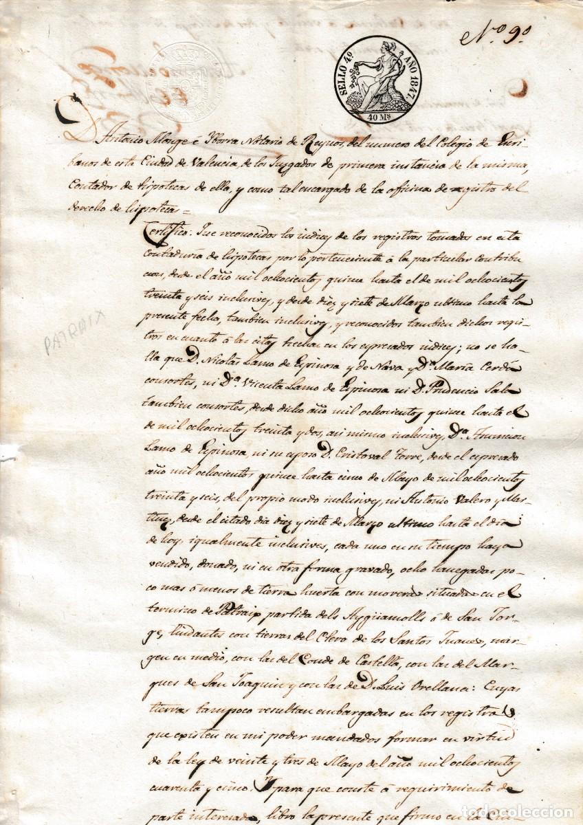 Manuscritos antiguos: 1847 PETRAIX (VALENCIA) SELLO FISCAL 4&ordm; 40 MRS FAMILIA LAMO DE ESPINOSA TIERRA PARTIDA AYGUAMOLLS