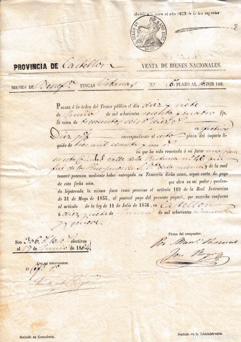 Manuscritos antiguos: CASTELLON SELLO FISCAL 4&ordm; 1857 HABILITADO PARA 1859 DESAMORTIZACION BIENES NACIONALES