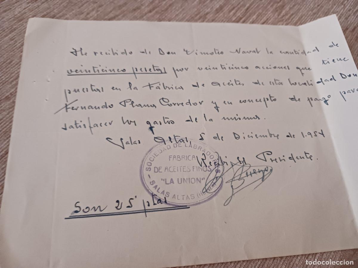 Manuscritos antiguos: fabrica de aceites finos la union, salas altas, recibo de 25 acciones de la fabrica, 1954
