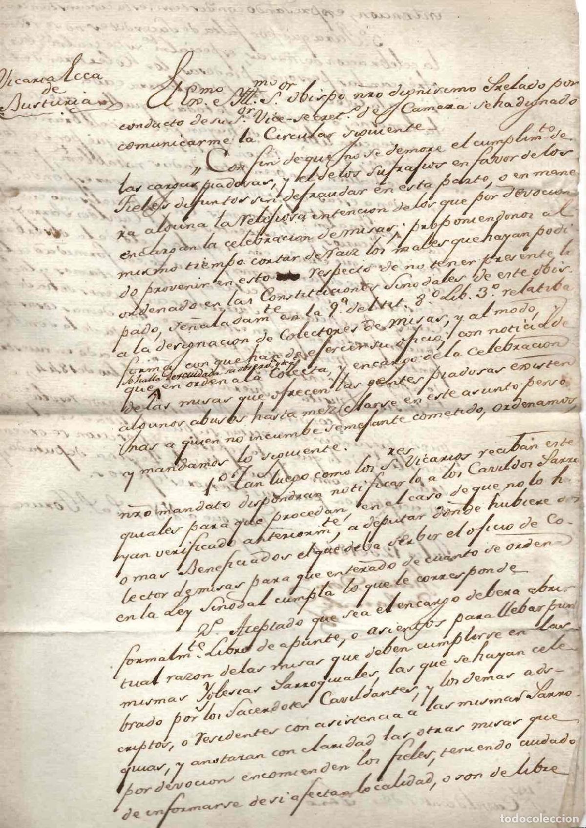 Manuscritos antigos: CIRCULAR VICARIA BUSTURIA, GERNIKA ESTABLECIENDO ORDENANZAS PARA REGULACION DE COLECTORES EN MISAS