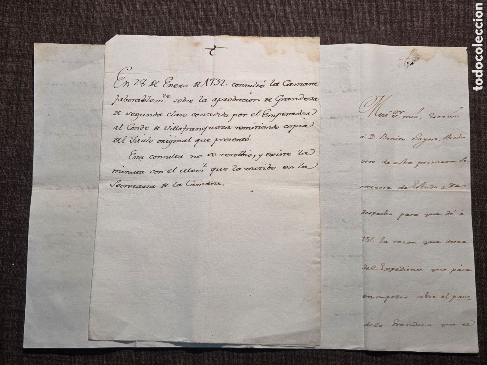 Manuscritos antigos: EMPERADOR CARLOS VI (Archiduque Carlos) 1732 Concesi&oacute;n Grandeza Espa&ntilde;a al Conde Villafranqueza.