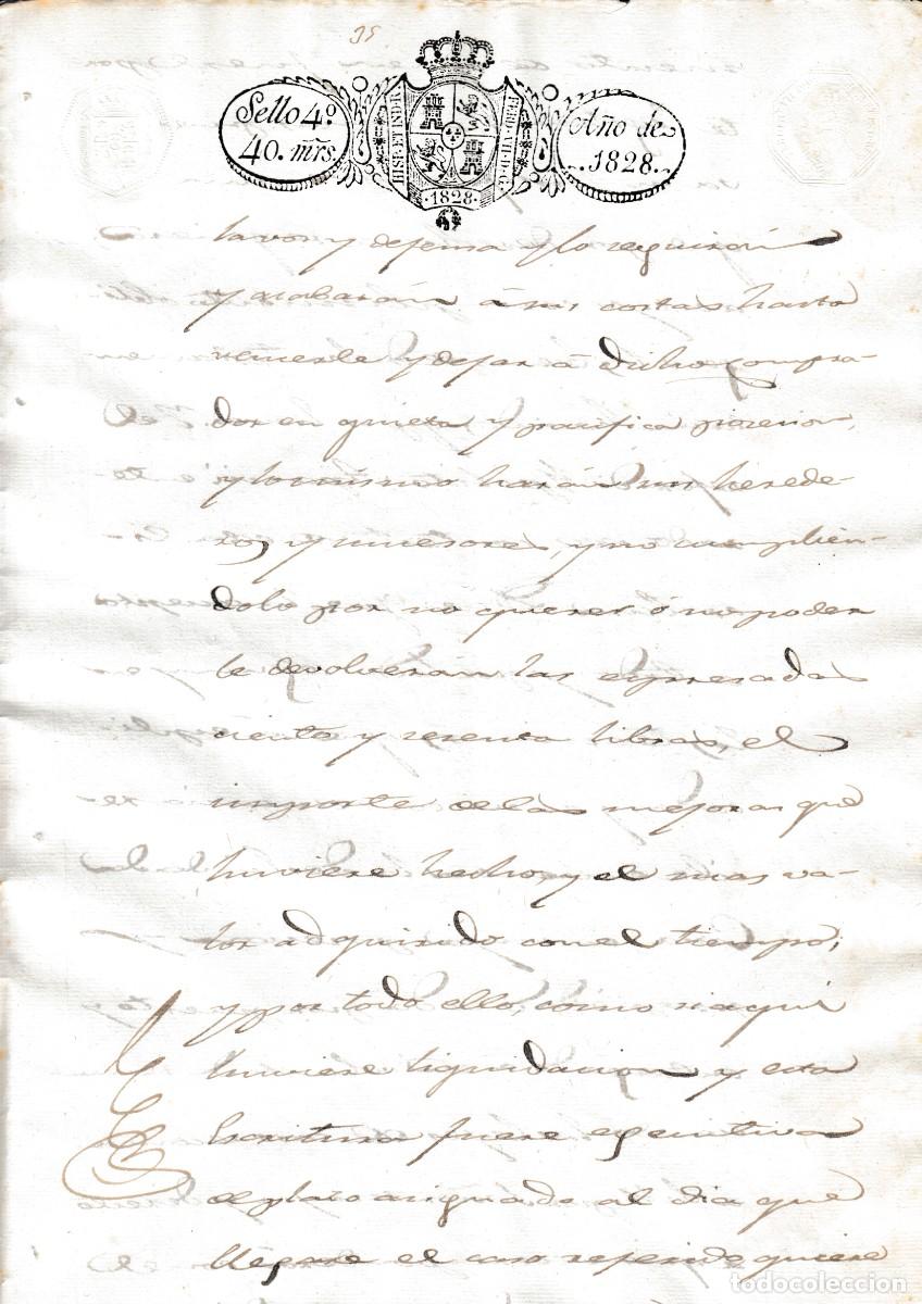 Manuscritos antiguos: 1828 FERNANDO VII. DOCUMENTO MANUSCRITO, PAPEL SELLADO FISCAL, SELLO 4&ordm; DE 40 MARAVEDIS