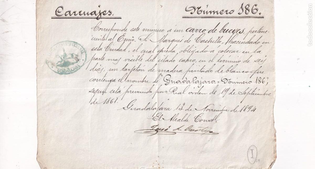 Manuscrits anciens: Carrujes, matr&iacute;culo o n&uacute;mero correspondiente carro de bueyes. Marqu&eacute;s de Castrillo. Guadalajara 1894