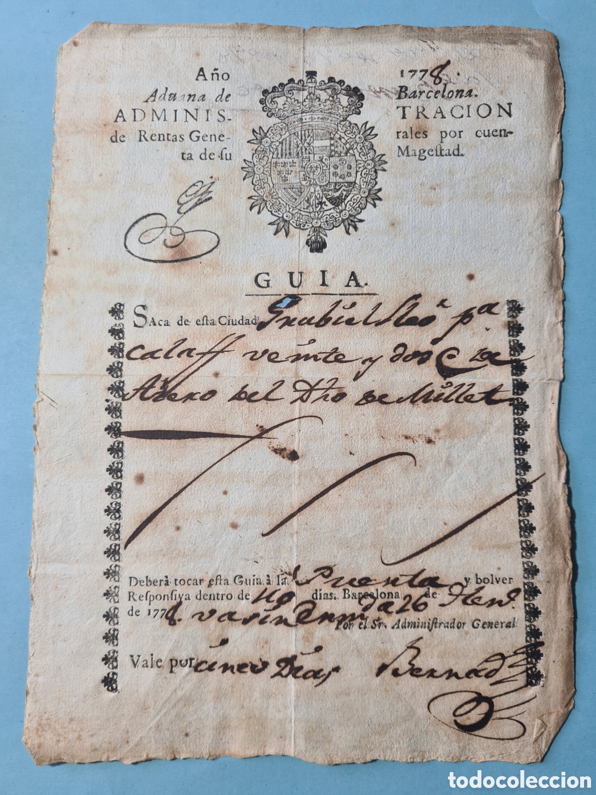 Manuscritos antigos: ADUANA DE BARCELONA - GUIA CONDUCCION DE MERCANCIAS PARA CALAF - A&Ntilde;O 1778 - IDEAL FILATELIA FISCAL