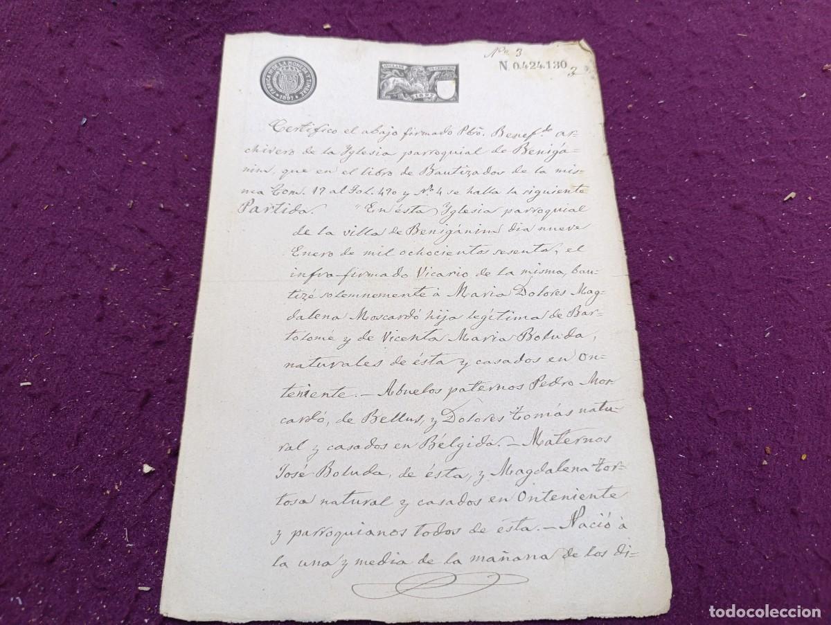 Manuscritos antiguos: 1897, Antiguo Documento Manuscrito, Benig&aacute;nim, Valencia, certificado eclesi&aacute;stico de bautismo
