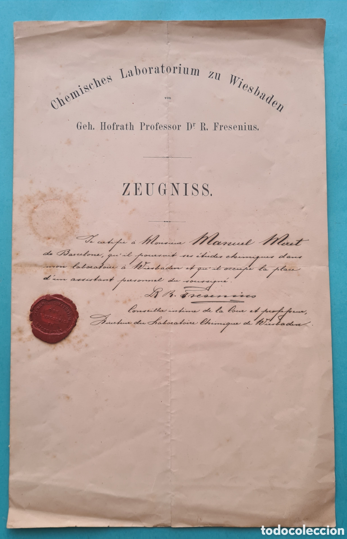 Manuscritos antiguos: LABORATORIO WIESBADEN ALEMANIA CERTIFICADO CON FIRMA DR. FRESENIUS + SELLO LACRE 2&ordf; MITAD S. XIX