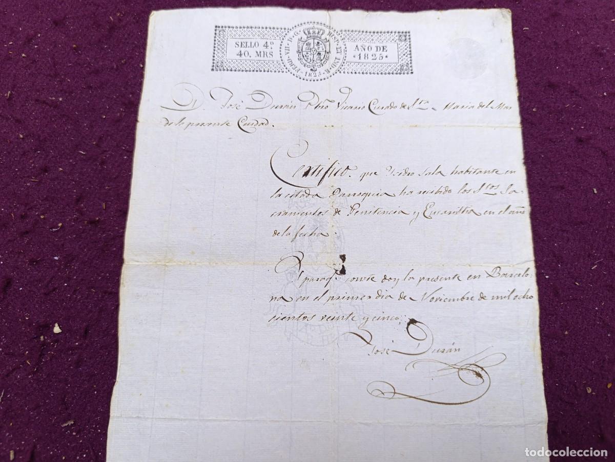 Manuscritos antiguos: 1825, Antiguo Documento Manuscrito, Barcelona, certificado de sacramentos