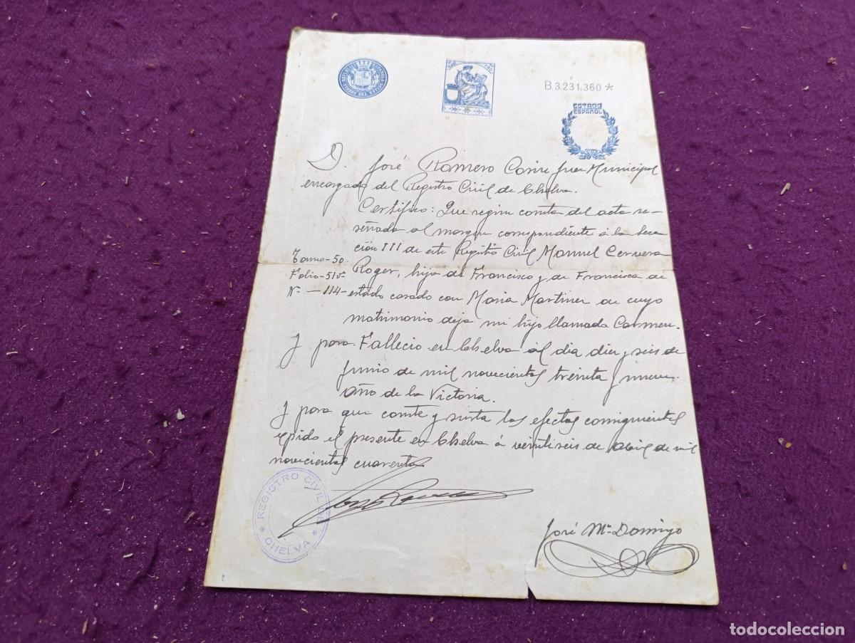Manuscritos antiguos: 1940, Antiguo Documento Manuscrito, Chelva, Valencia, certificaci&oacute;n de defunci&oacute;n