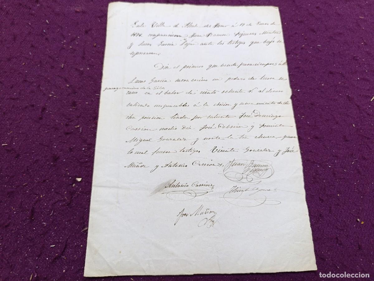 Manuscritos antiguos: 1876, Antiguo Documento Manuscrito, Alcal&aacute; del J&uacute;car, contrato de venta de finca