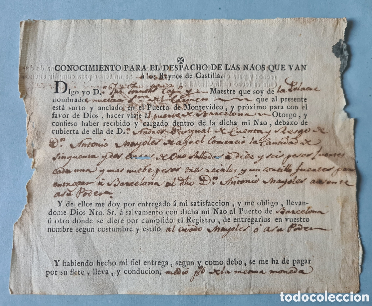 Manuscritos antiguos: CONOCIMIENTO DE EMBARQUE - MONTEVIDEO (ARGENTINA) A BARCELONA - A&Ntilde;O 1802 - VER DATOS