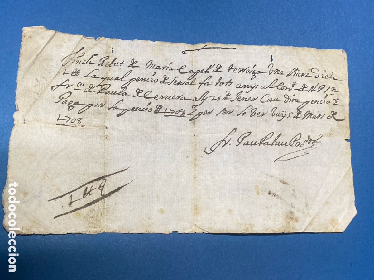 Manuscritos antiguos: Recibo manuscrito siglo XVIII 1708 Cervera Frailes Convento de Sant Francesc de Paula