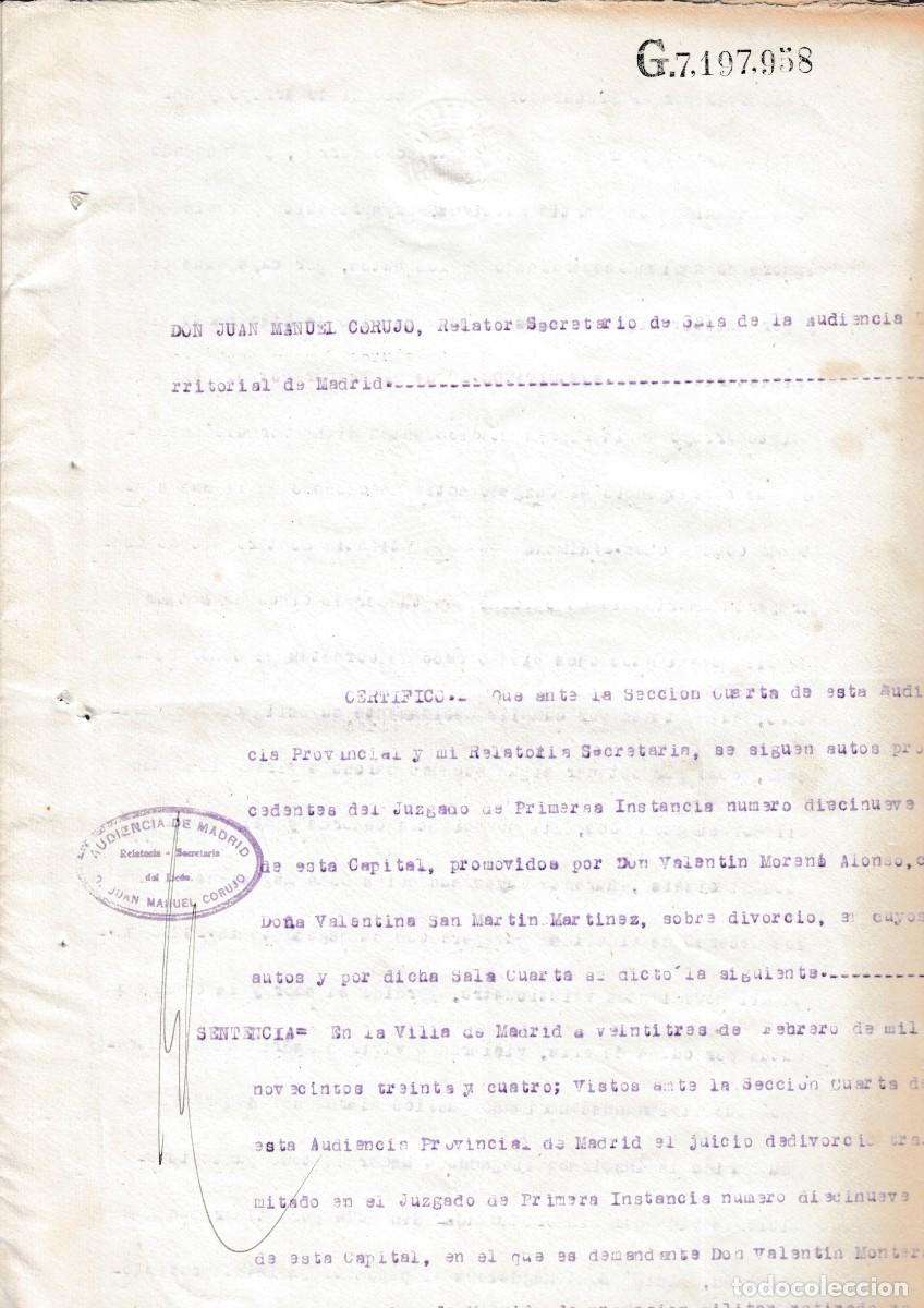 Manuscritos antiguos: 1934 EXPEDIENTE DE DIVORCIO POR ADULTERIO DE MILITAR RETIRADO. AUDIENCIA MADRID