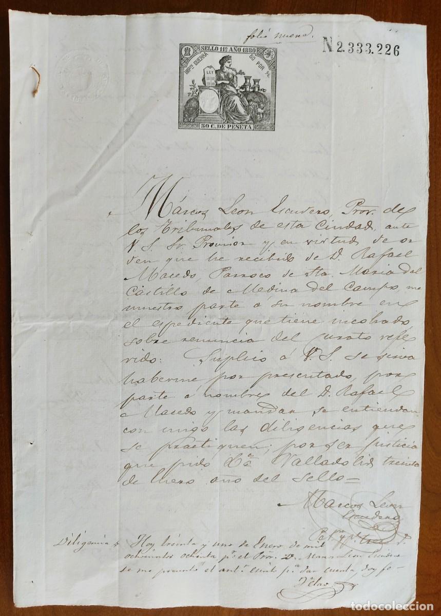 Manuscritos antiguos: VALLADOLID A&Ntilde;O 1880 - SELLO 11&ordm; 50 C. DE PESETA - SOBRE RENUNCIA CURATO PARROCO MEDINA DEL CAMPO