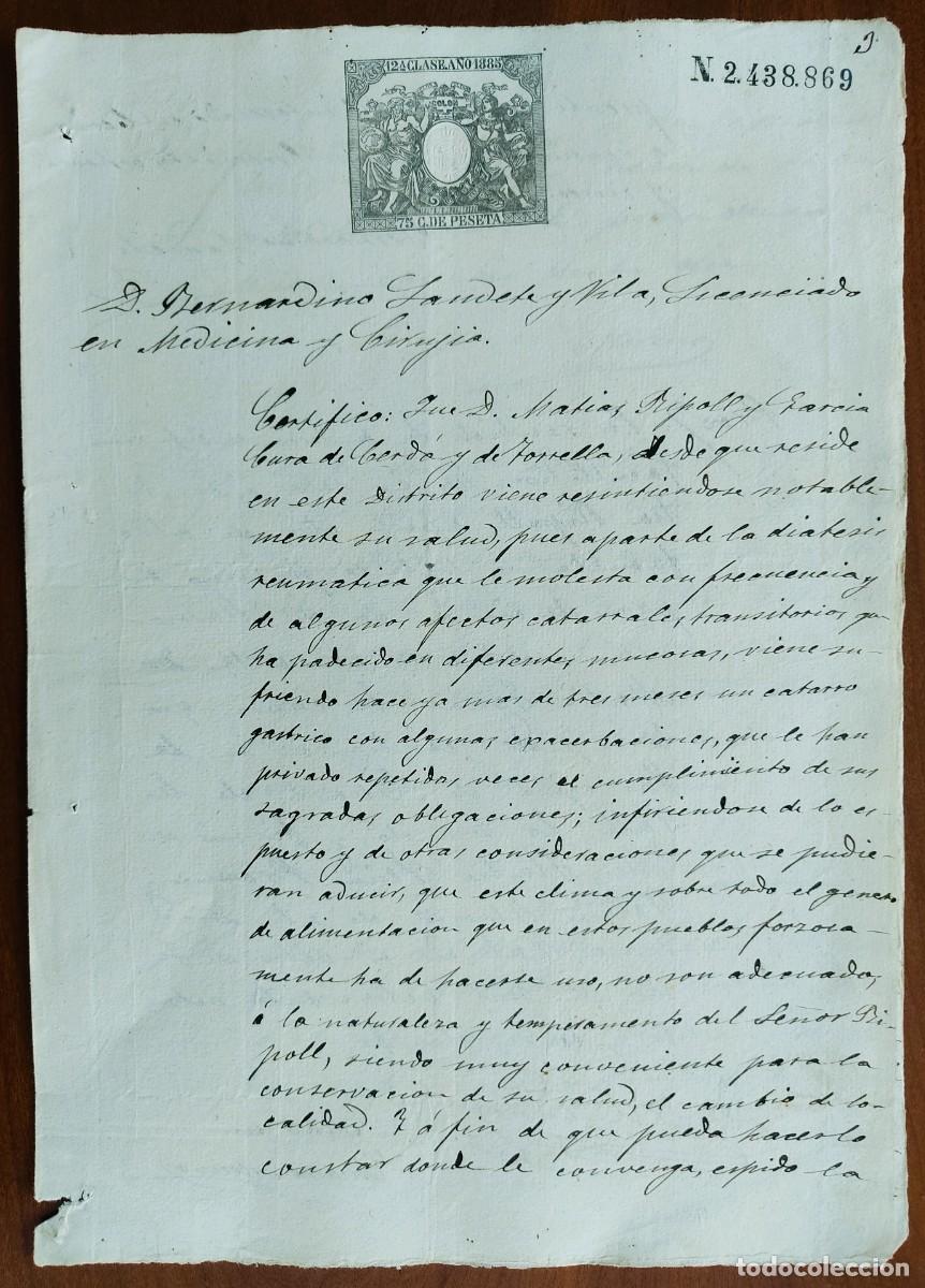 Manuscritos antiguos: CERD&Aacute; (VALENCIA) A&Ntilde;O 1885 - SELLO 12&ordf; CLASE 75 C. DE PTA CERTIFICADO M&Eacute;DICO CURA DE CERDA Y TORRELLA