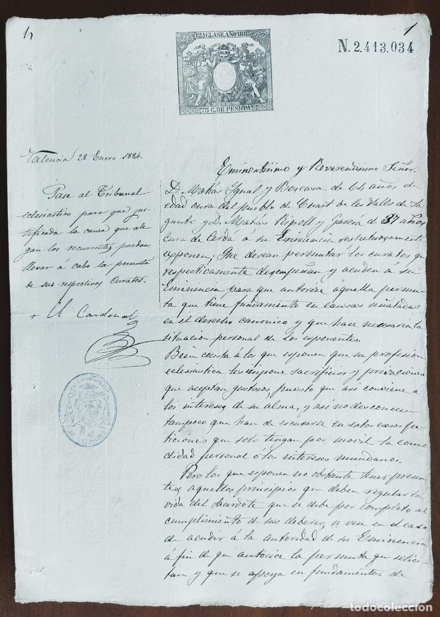 Manuscritos antiguos: VALENCIA A&Ntilde;O 1885 - SELLO 12&ordf; CLASE 75 C. DE PTA - PERMUTA CURATOS DE CERD&Aacute; Y CUART DE LES VALLS