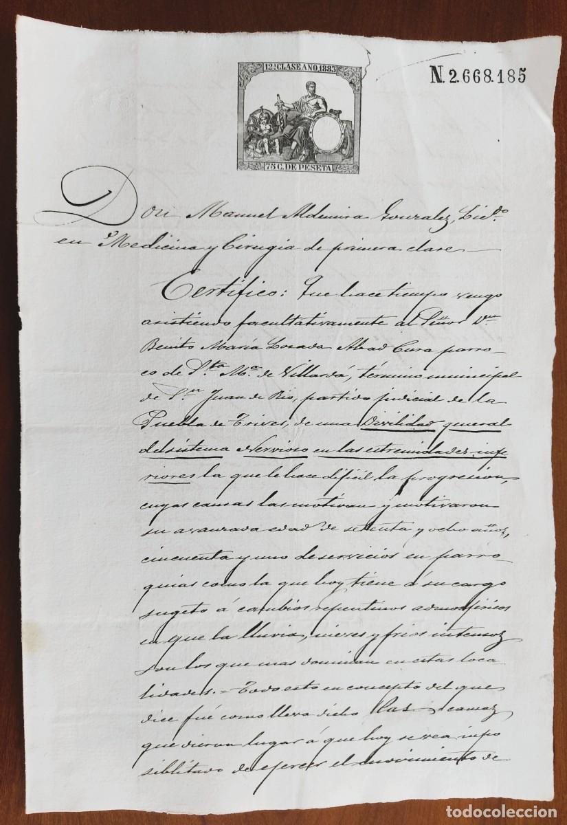 Manuscritos antiguos: ORENSE A&Ntilde;O 1883 - SELLO 12&ordf; CLASE 75 C. DE PTA - CERTIFICADO M&Eacute;DICO CURA ZONA PUEBLA DE TRIVES
