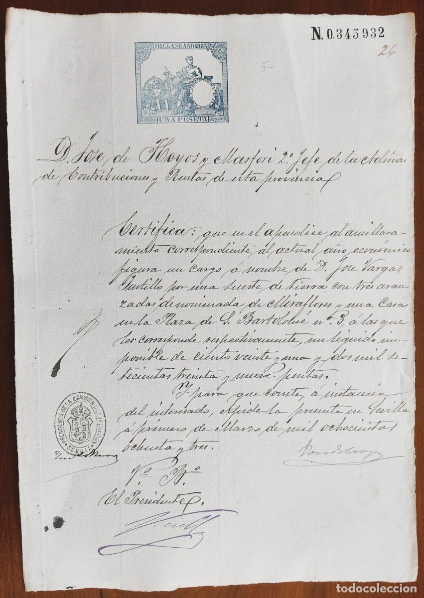 Manuscritos antiguos: SEVILLA A&Ntilde;O 1883 - SELLO 11&ordf; CLASE UNA PTA - CERTIFICADO ADM&Oacute;N DE CONTRIBUCIONES Y RENTAS