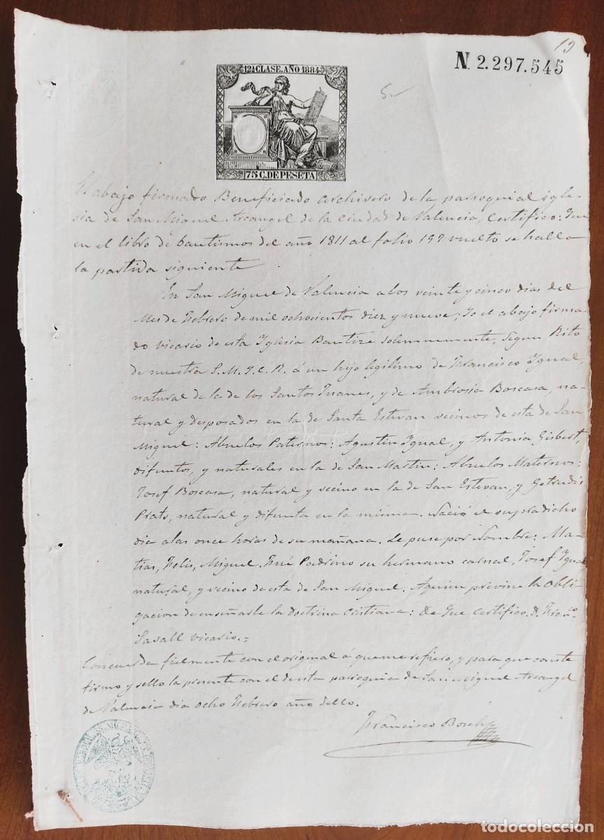 Manuscritos antiguos: VALENCIA A&Ntilde;O 1884 - SELLO 12&ordf; CLASE 75 CENT PTA - CERTIFICADO BAUTISMO PARROQUIA SAN MIGUEL ARC&Aacute;NGEL