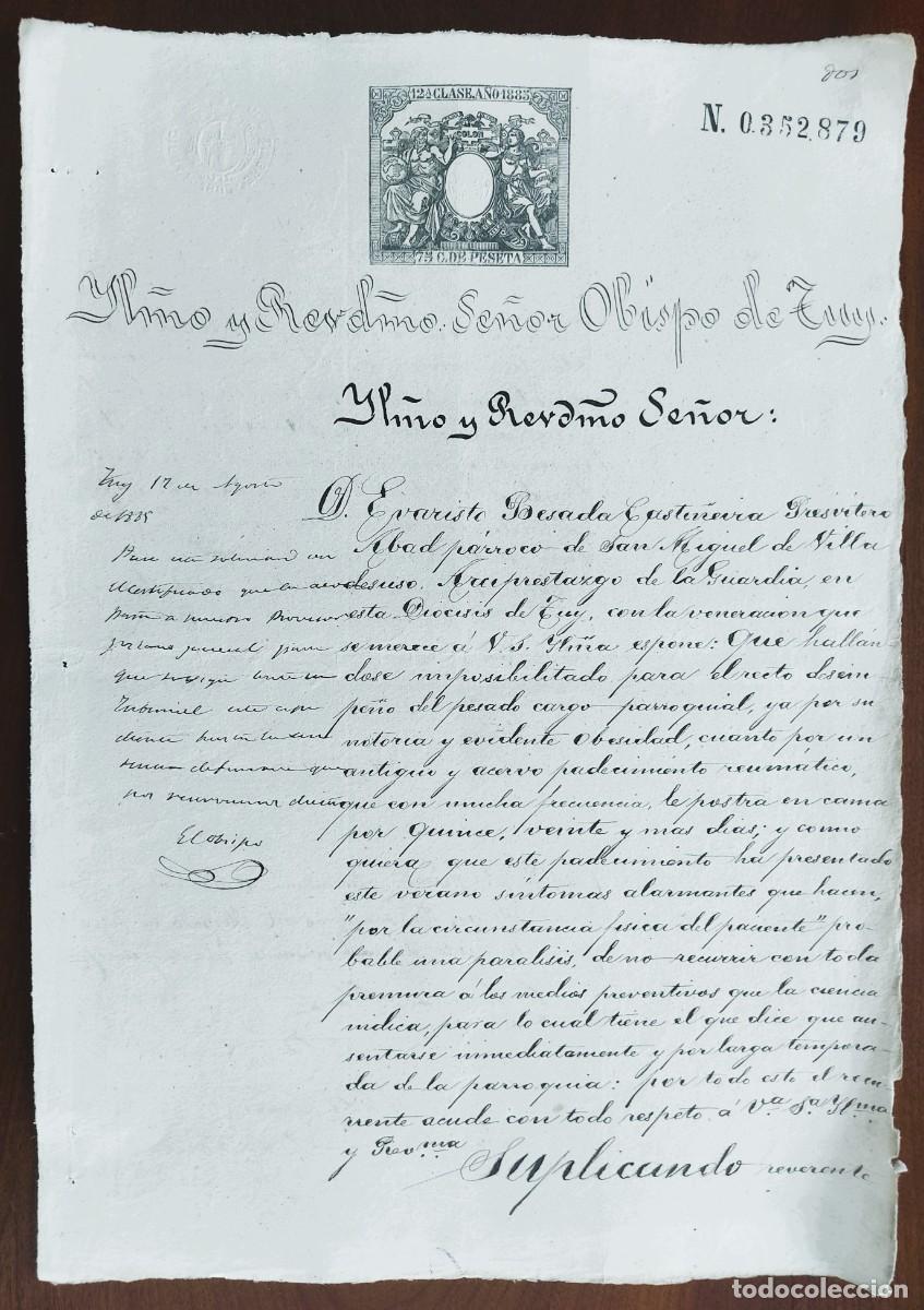 Manuscritos antiguos: SAN MIGUEL DE VILLADESUSO (PONTEVEDRA) A&Ntilde;O 1885 - SELLO 12&ordf; CLASE 75 CENT PTA - RENUNCIA CURA