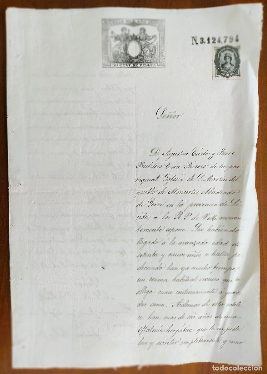 Manuscritos antiguos: MONCORTES (L&Eacute;RIDA) A&Ntilde;O 1877 - SELLO 11&ordm; 50 CENT. PTA - SOLICITUD JUBILACI&Oacute;N CURA IGLESIA SAN MART&Iacute;N