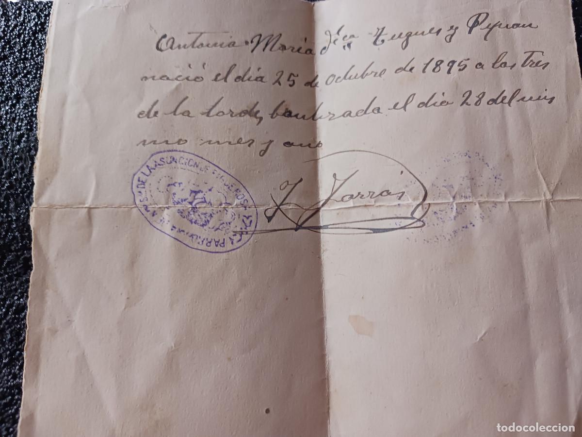 Manuscritos antiguos: partida de nacimiento y bautismo la parroquia de la asuncion de figuerosa (lleida) 1895