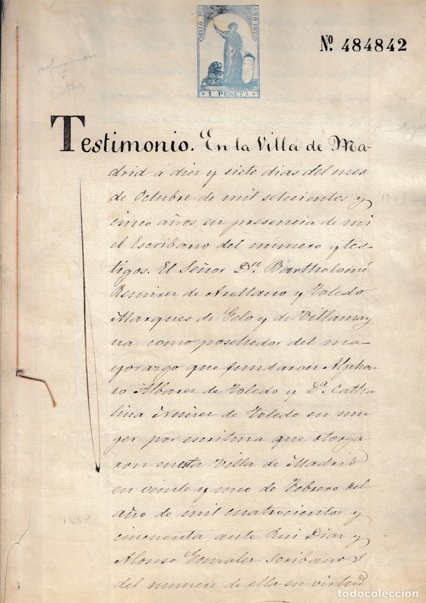 Manuscritos antiguos: 1705 MADRID SELLO FISCAL DE 1871 1 PTS MARQUES DE MELO MAYORAZGO VILLAMAYNA MOLINO Y PRESA LA PANJIA