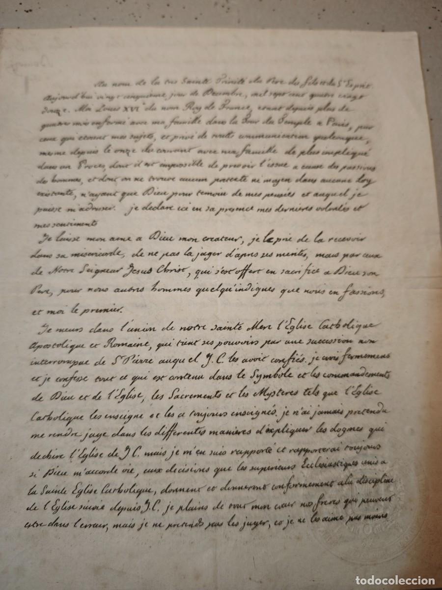 Manuscritos antiguos: manuscrito &Uacute;ltimo testamento de Luis XVI en la prisi&oacute;n de Temple - Foto 2