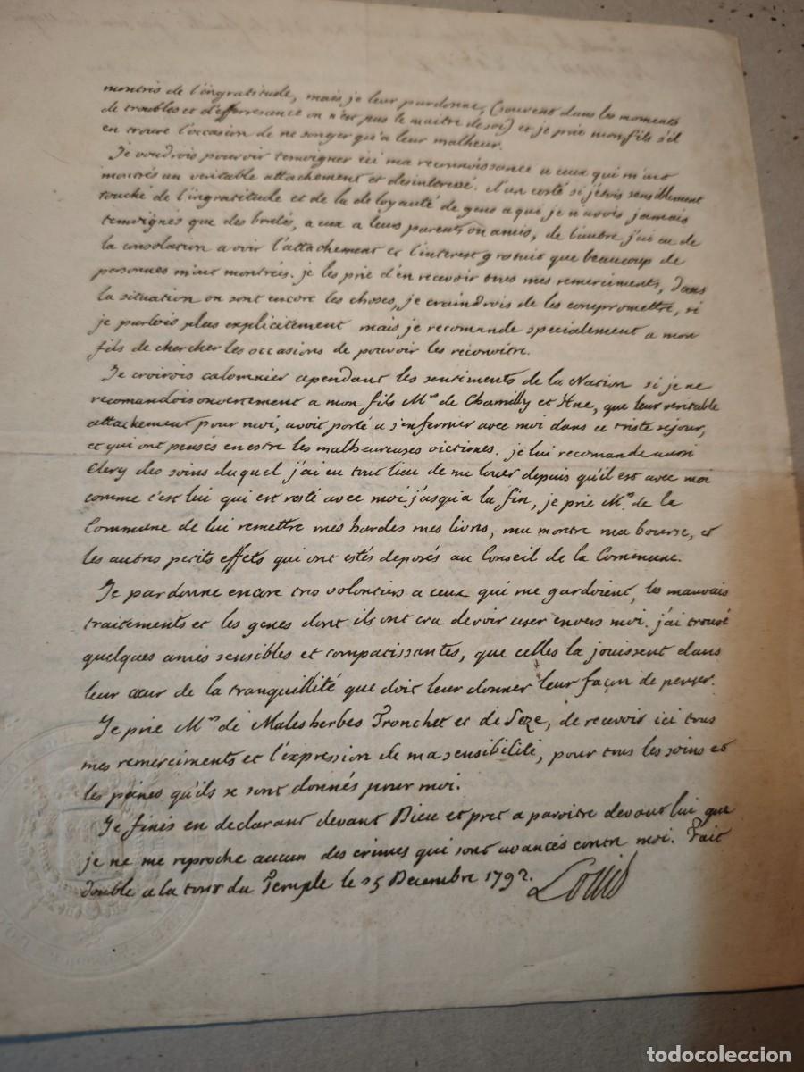 Manuscritos antiguos: manuscrito &Uacute;ltimo testamento de Luis XVI en la prisi&oacute;n de Temple - Foto 3