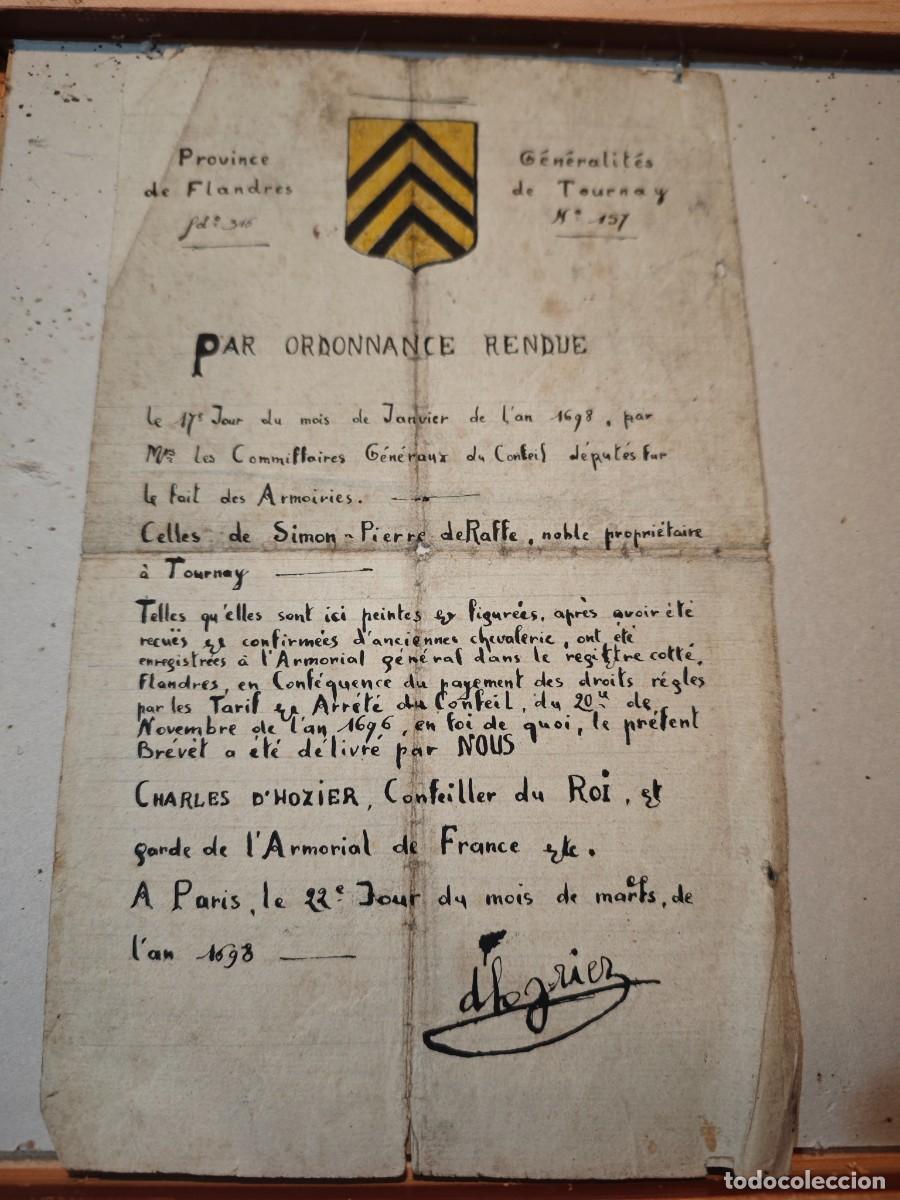 Manuscritos antiguos: Tournay Flanders concesi&oacute;n de escudo de armas noble siglo XVII
