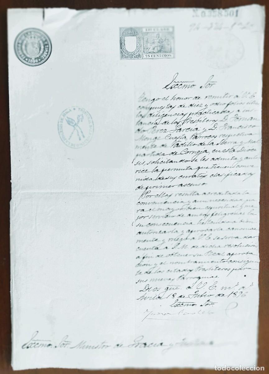 Manuscritos antiguos: MALPARTIDA DE CORNEJA (&Aacute;VILA) SELLO 13&ordf; CLASE 75 CENT. 1896 PERMUTA CURATO CON VADILLO DE LA SIERRA