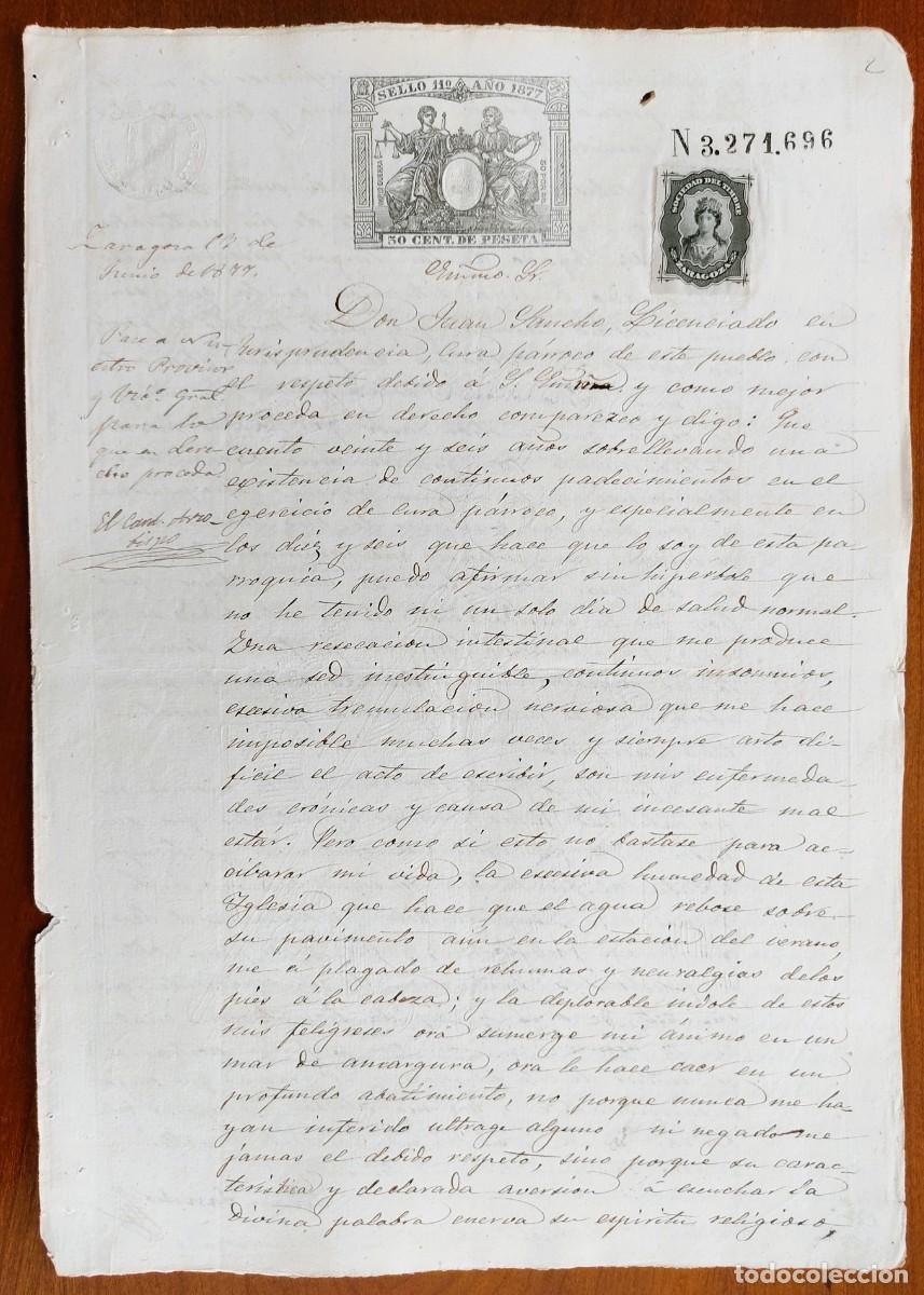 Manuscritos antiguos: TORRES DE BERRELL&Eacute;N (ZARAGOZA) A&Ntilde;O 1877 - SELLO 11&ordm; 50 CENT. PTA - JUBILACI&Oacute;N CURA IMP&Iacute;OS FELIGRESES