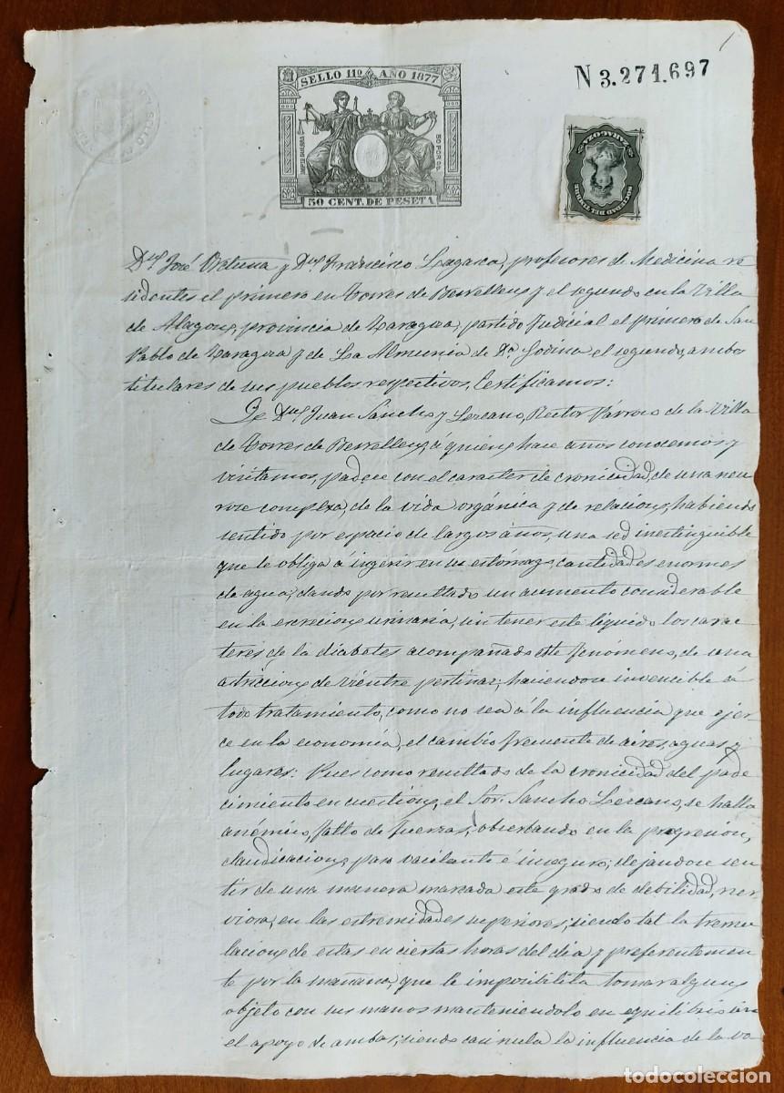 Manuscritos antiguos: TORRES DE BERRELL&Eacute;N (ZARAGOZA) A&Ntilde;O 1877 - SELLO 11&ordm; 50 CENT. PTA - CERTIFICADO M&Eacute;DICO CURA