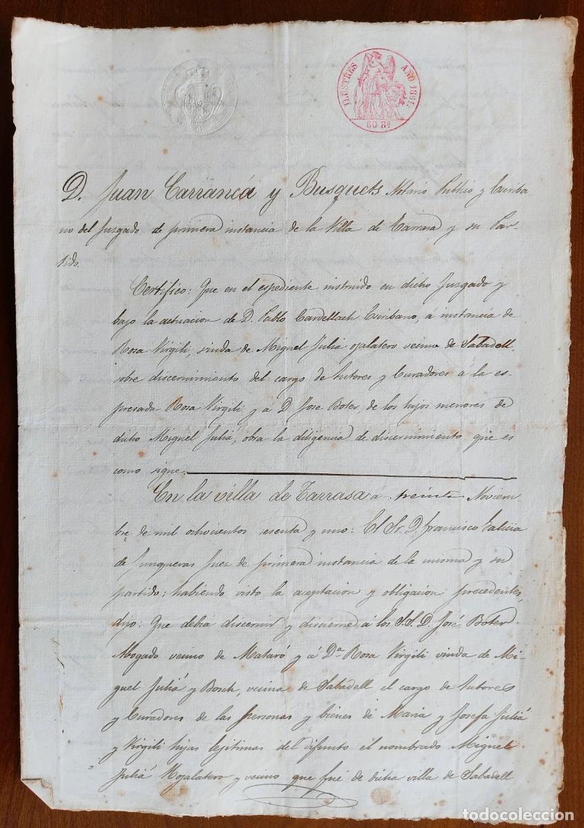 Manuscritos antiguos: SABADELL (BARCELONA) A&Ntilde;O 1861 - SELLO ILUSTRES 60 REALES - CERTIFICADO TUTORES HIJOS MENORES DIFUNTO