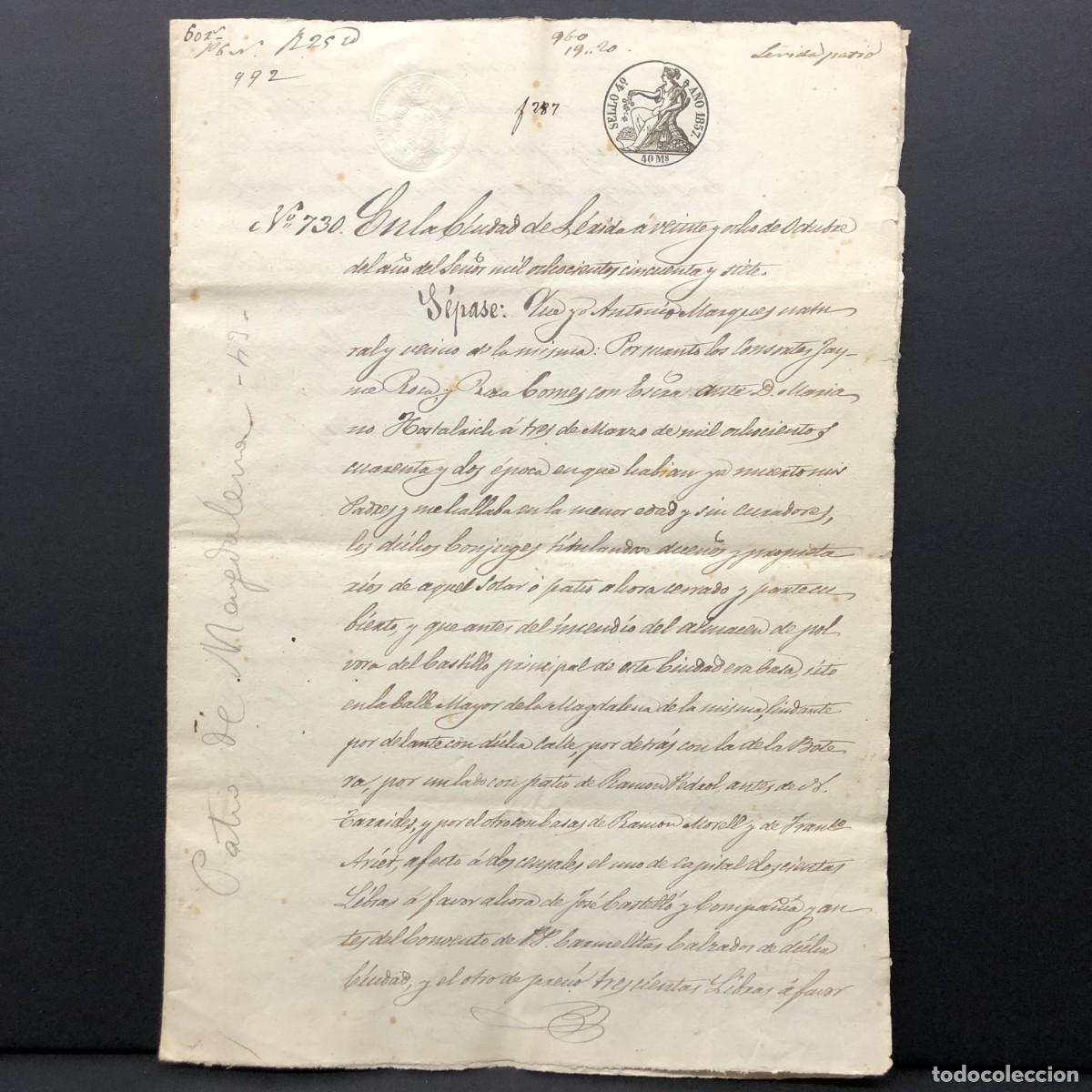 Manuscritos antiguos: ESCRITURA NOTARIAL - 1857 - CIUDAD DE L&Eacute;RIDA - LLEIDA - RAR&Iacute;SIMA / 129