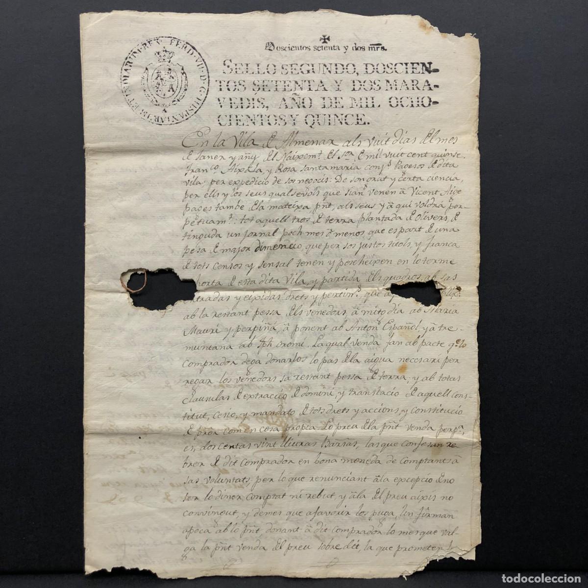 Manuscritos antiguos: ESCRITURA NOTARIAL - EN LA VILA DE ALMENAR - L&Eacute;RIDA - LLEIDA - 1815 - FERNANDO VII - RAR&Iacute;SIMA / 130