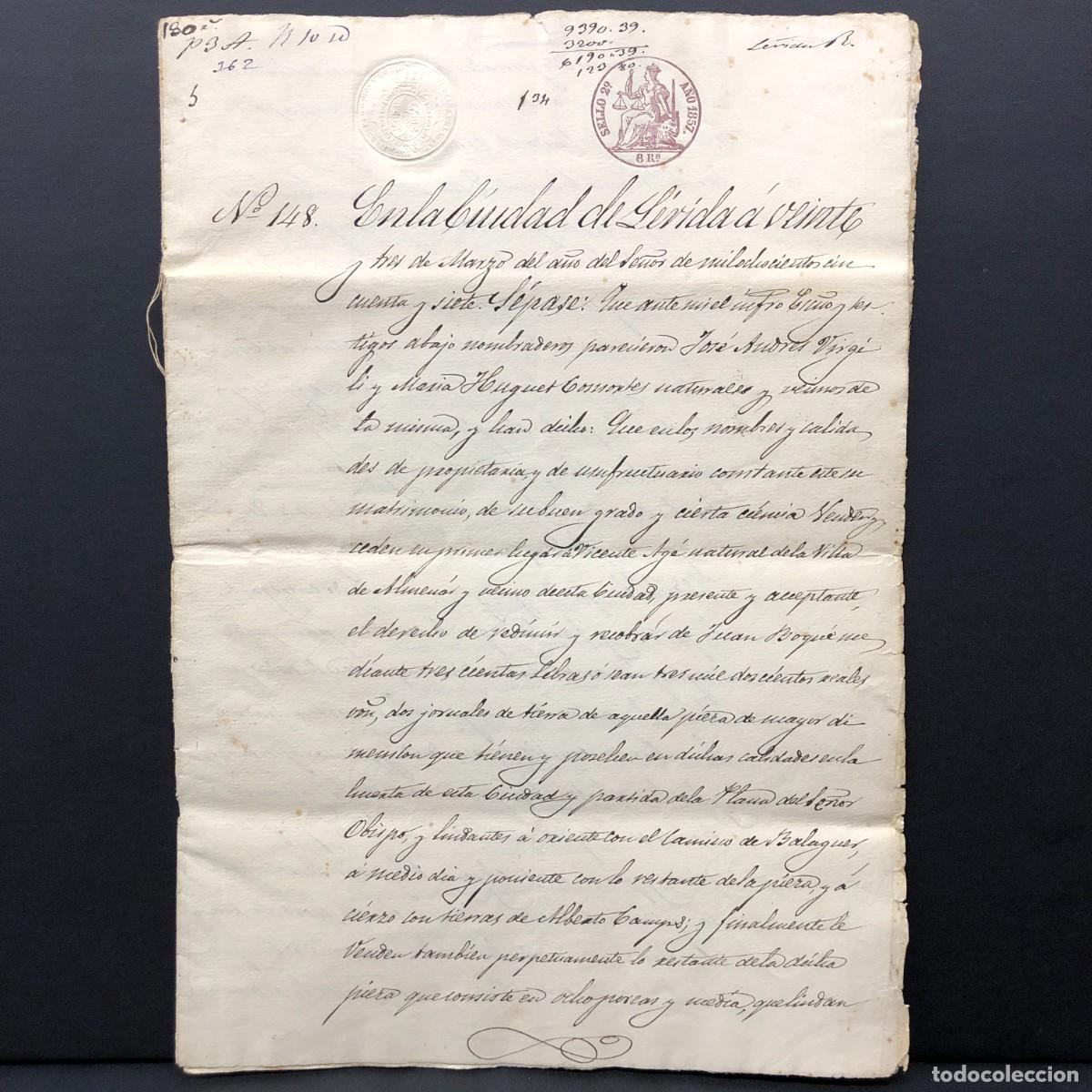 Manuscritos antiguos: ESCRITURA NOTARIAL - CIUDAD DE L&Eacute;RIDA - LLEIDA - 1857 - JOS&Ntilde;E SOLDEVILA - RAR&Iacute;SIMA / 137