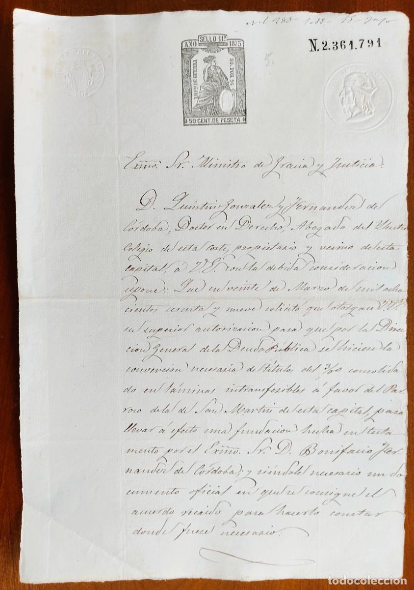 Manuscritos antiguos: MADRID A&Ntilde;O 1875 - SELLO 11&ordm; DE 50 CENT. DE PTA - ESCRITO FUNDACI&Oacute;N DE BONIFACIO FERNANDEZ C&Oacute;RDOBA